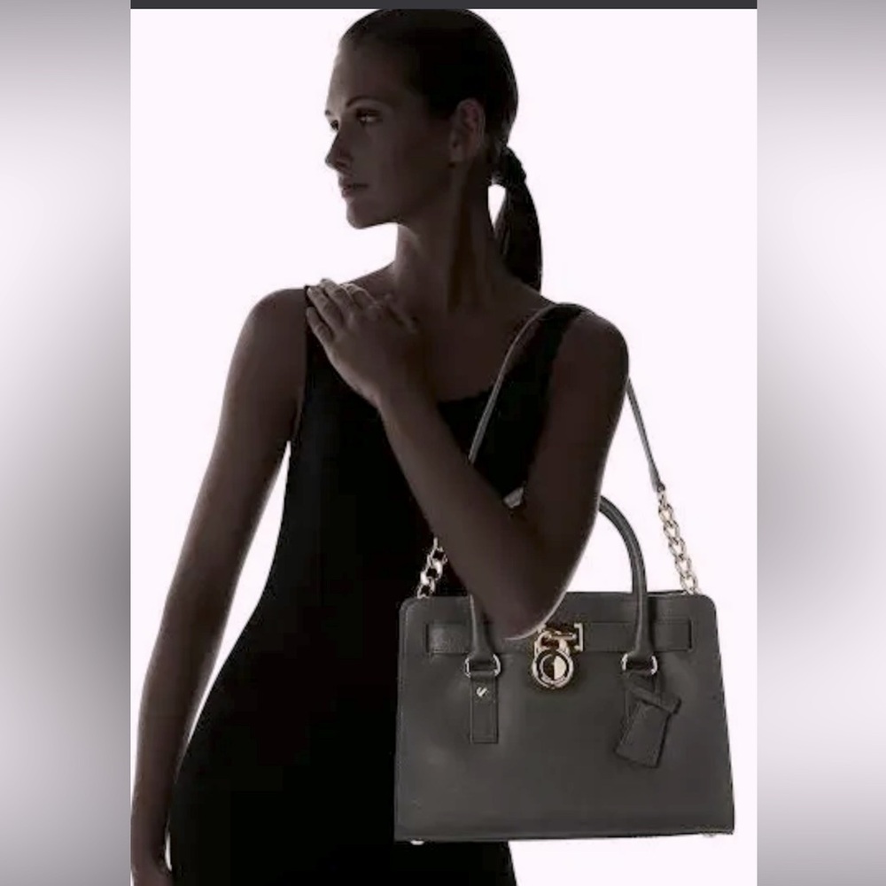Michael Kors Hamilton Saffiano Leather Black and Gold Satchel woman’s handbag